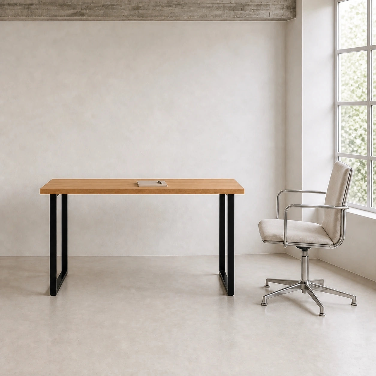 Solid Oak Desk with Steel Legs — Minimalist Home Office Table
